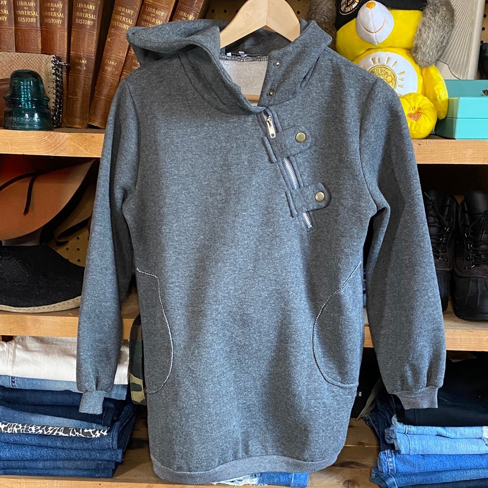 Helmut Lang Gray Asymmetrical Snap-Zip Hoodie Sweatshirt Women’s Small